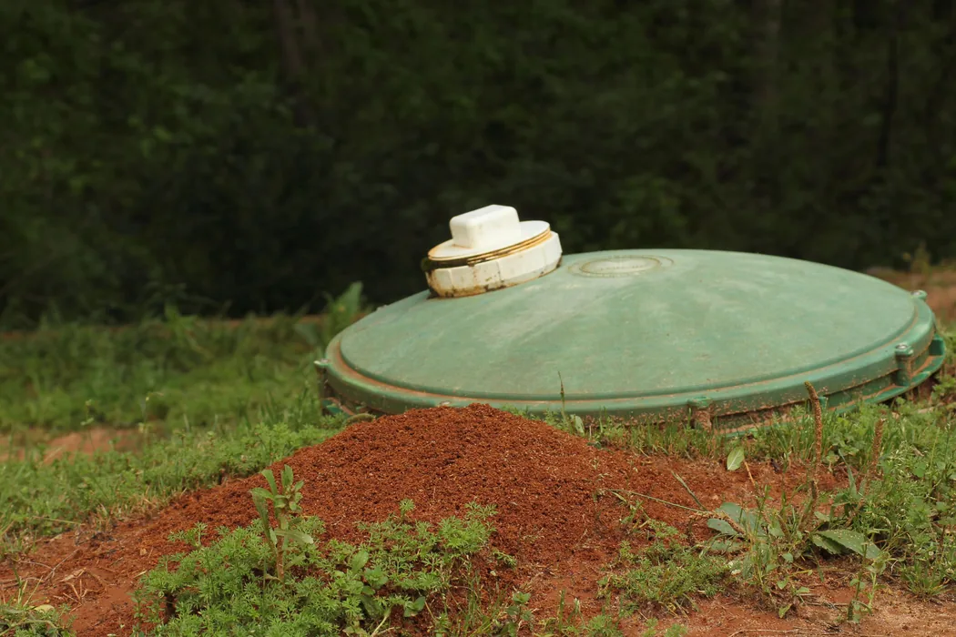 Aerobic septic unit lid in a yard