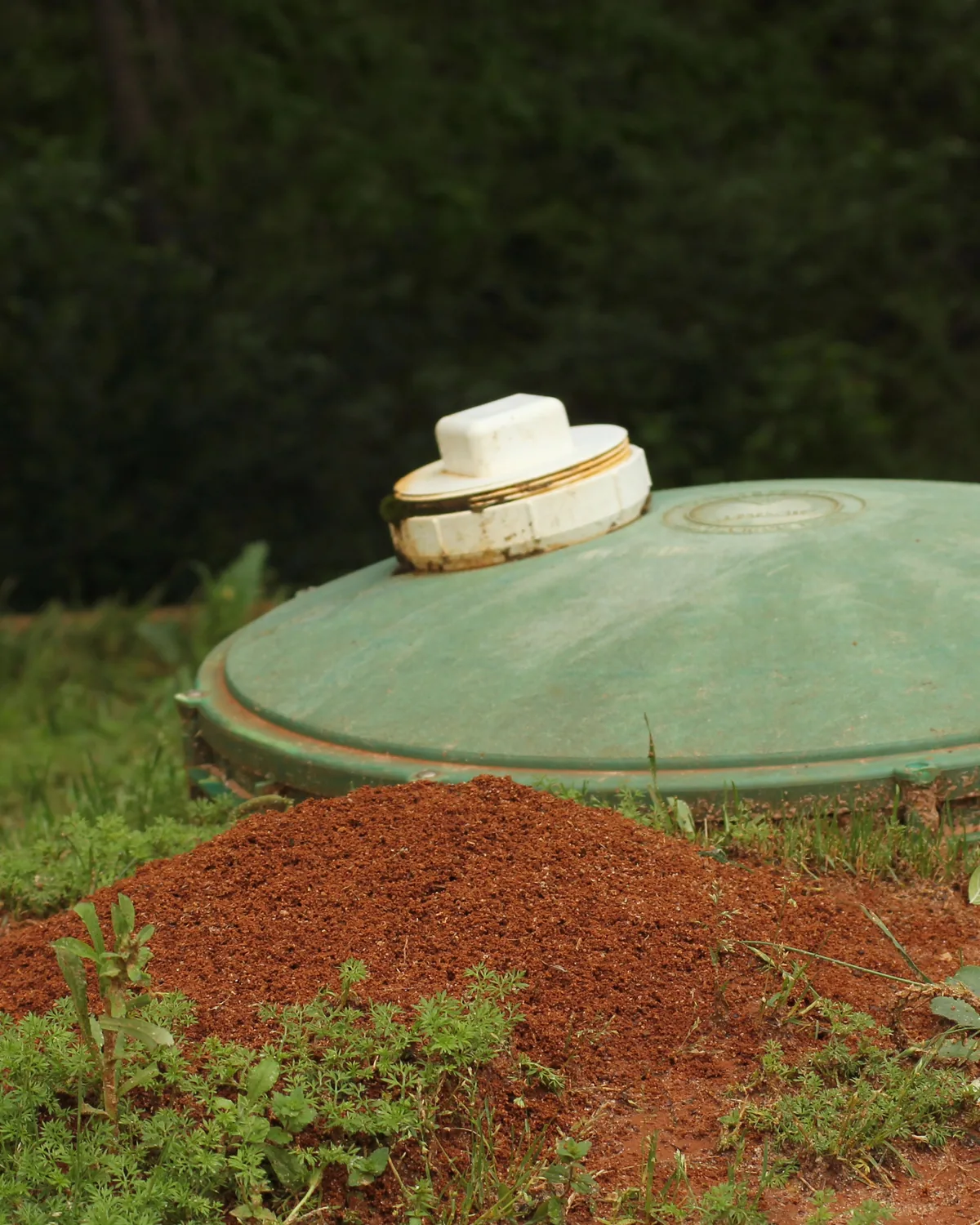 Green aerobic septic unit lid on a mound of red clay