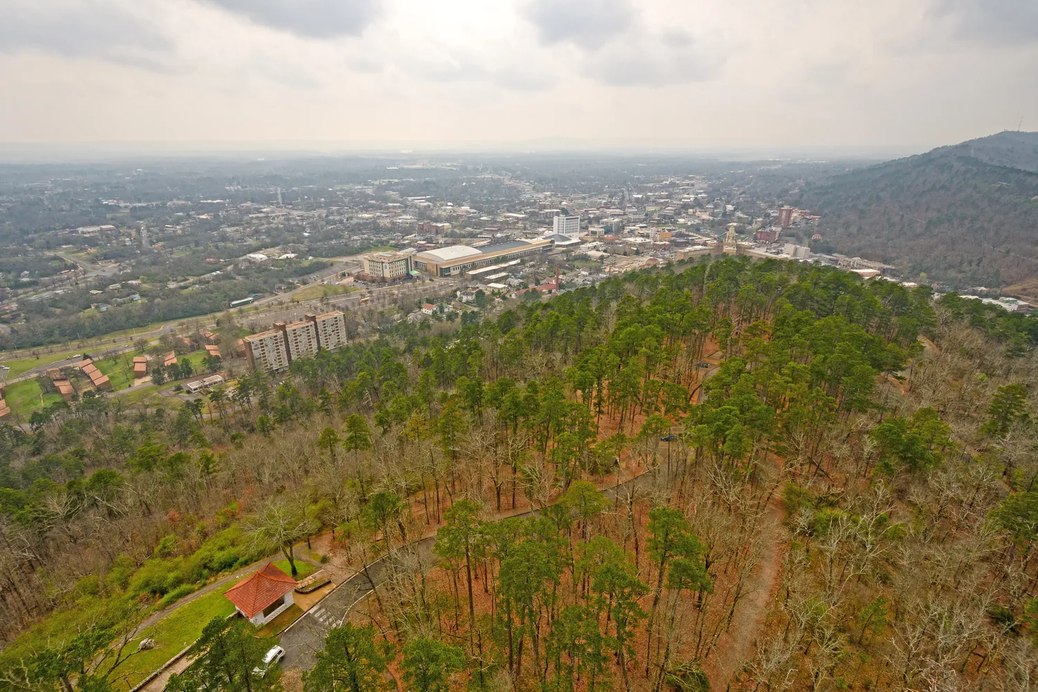 View over Hot Springs and the forested hills from the mountain tower