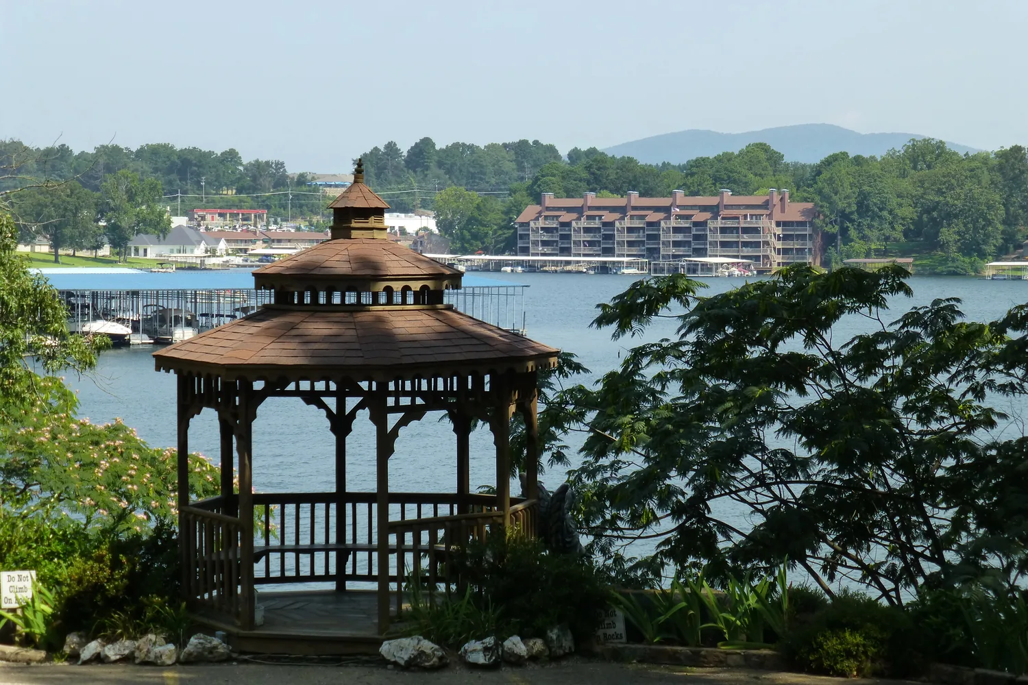 Gazebo overlooking Lake Hamilton with wooded hills behind